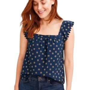 J.Crew Printed Square-Neck Top In Cotton Poplin With Pom Poms